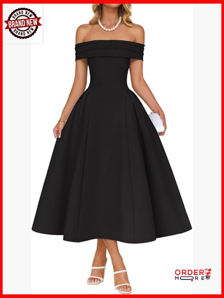 Off Shoulder Short Sleeve Midi Dress With Swing A-Line Skirt